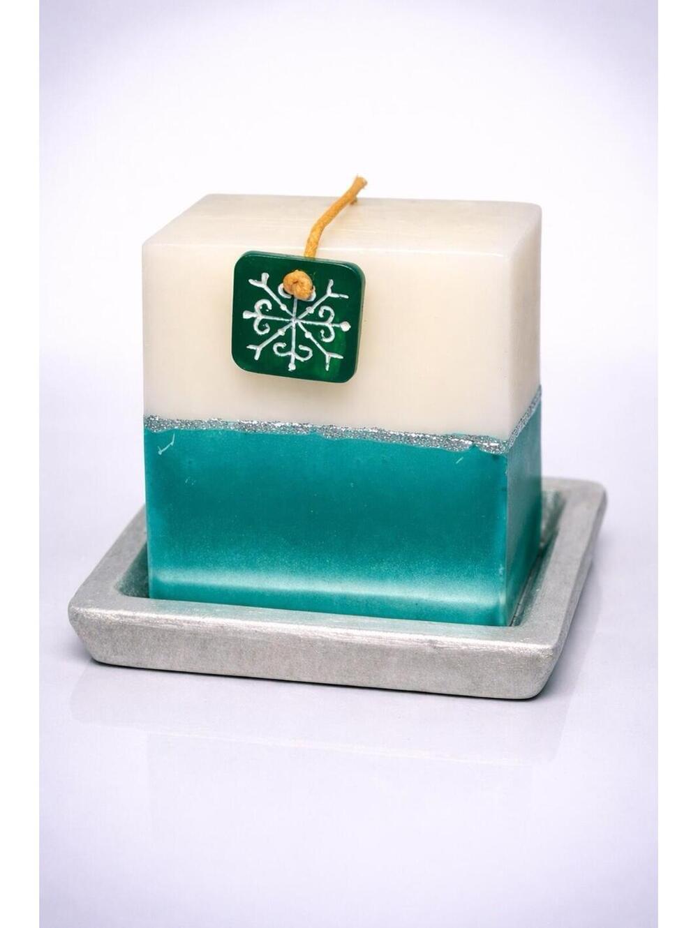 NEW Vintage 2000s Unscented Teal & White Snowflake Cube Pillar Candle, 4x3.5”
